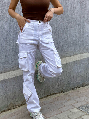 WHITE CARGO PANTS w/ grey stitches