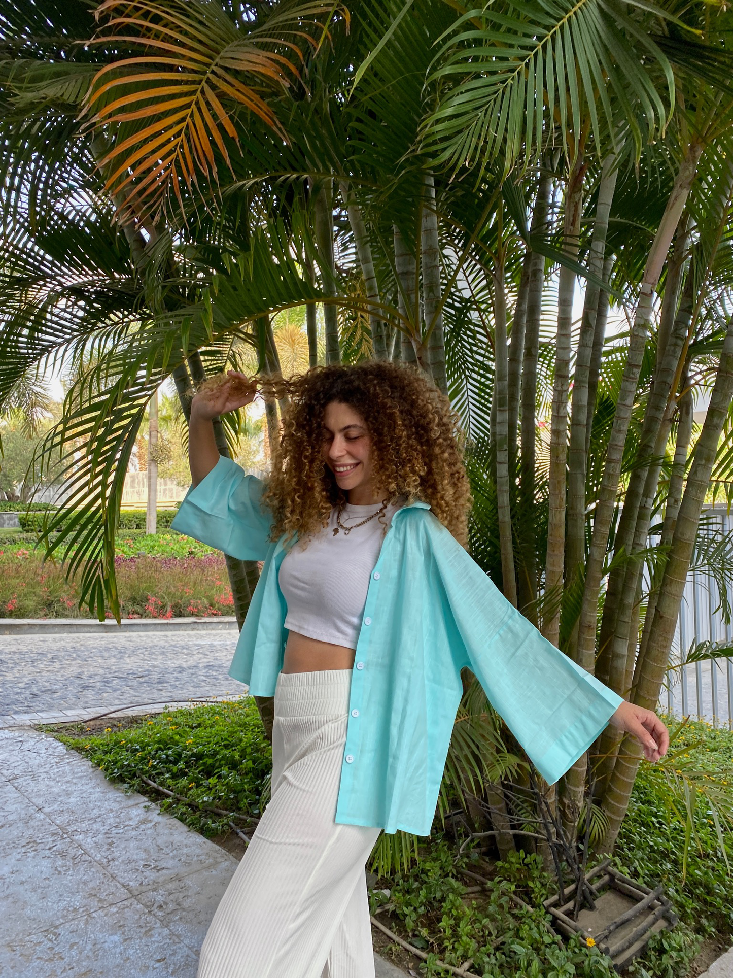 TURQUOISE OVERSIZED LINEN SHIRT